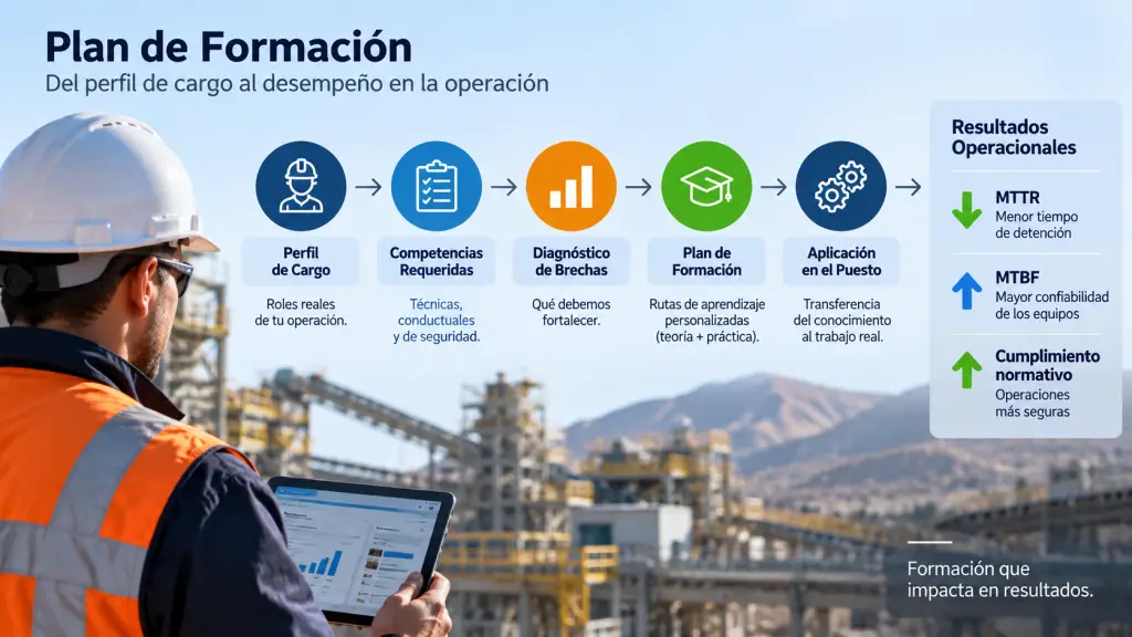 Consultor de StepWise presentando un plan de formación estructurado a un equipo de operadores mineros