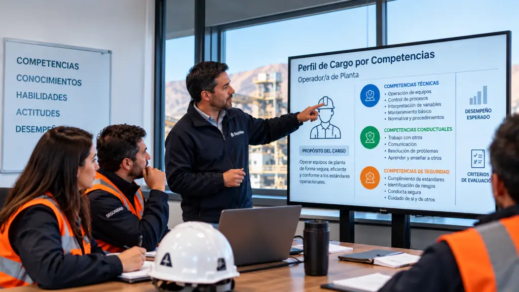 Consultor de StepWise explicando un perfil de cargo por competencias a un equipo de operadores mineros